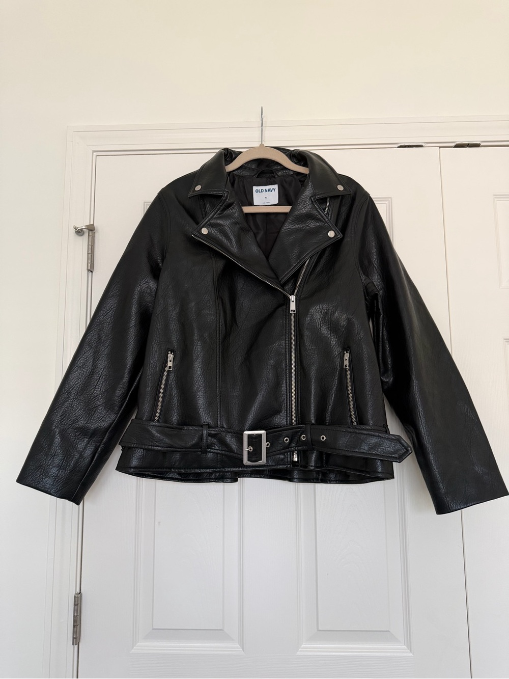 Old Navy Black Faux Leather Moto Jacket with Belted Waist